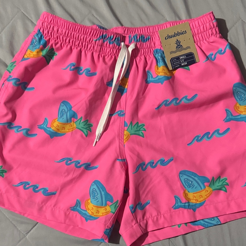 New Chubbies Hot Pink Shark & Pineapple Print Swim Trunks